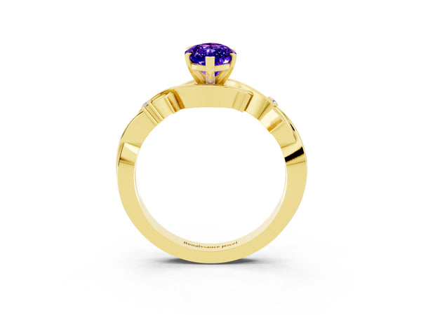 Yellow gold Marquise Cut Tanzanite Solitaire Ring with Twisted Band and Prong Setting