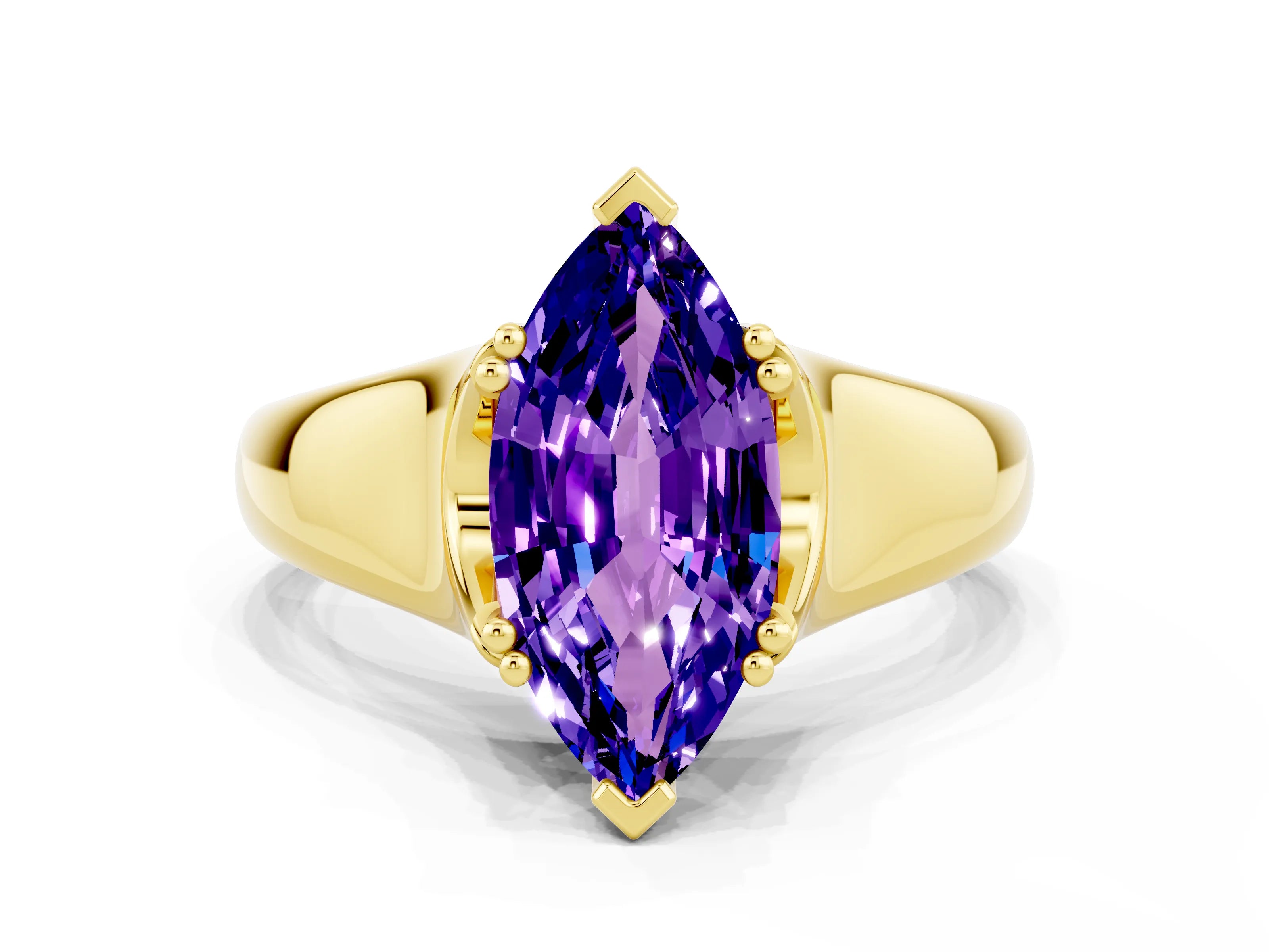 Yellow gold Marquise Cut Tanzanite Solitaire Ring with Wide Band and Prong Setting