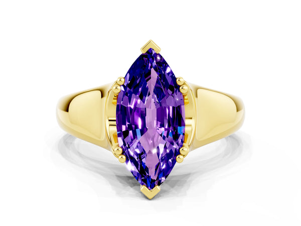 Yellow gold Marquise Cut Tanzanite Solitaire Ring with Wide Band and Prong Setting