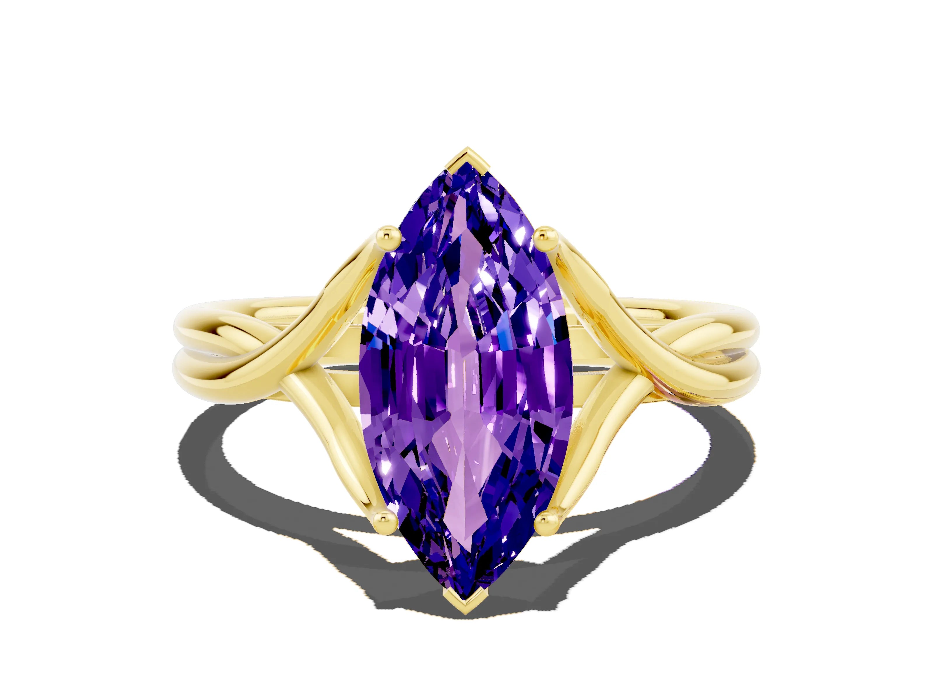 Yellow gold Marquise Cut Tanzanite Solitaire Twist Band Prong Setting Ring_36