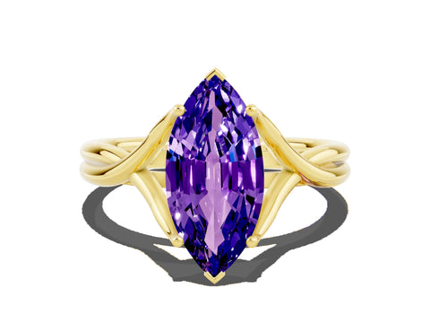 Yellow gold Marquise Cut Tanzanite Solitaire Twist Band Prong Setting Ring_36