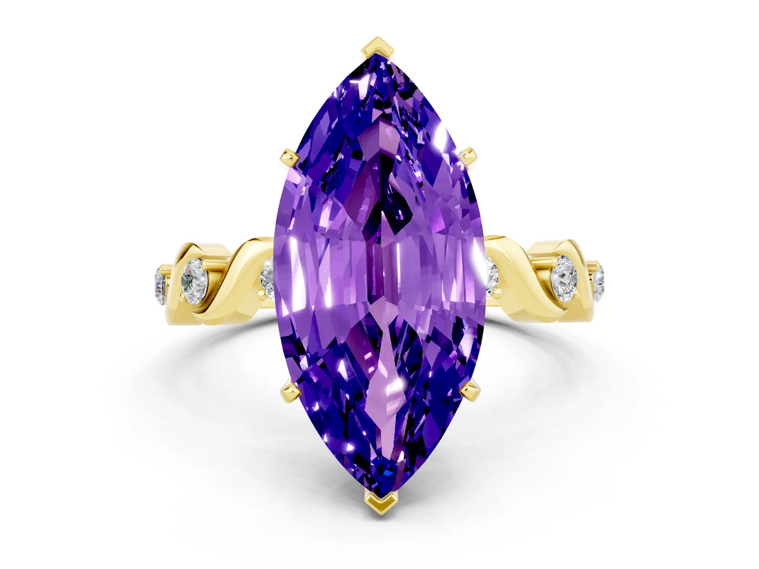 Yellow gold Marquise Cut Tanzanite Solitaire Twisted Band with Round  Accents and Prong Setting_12