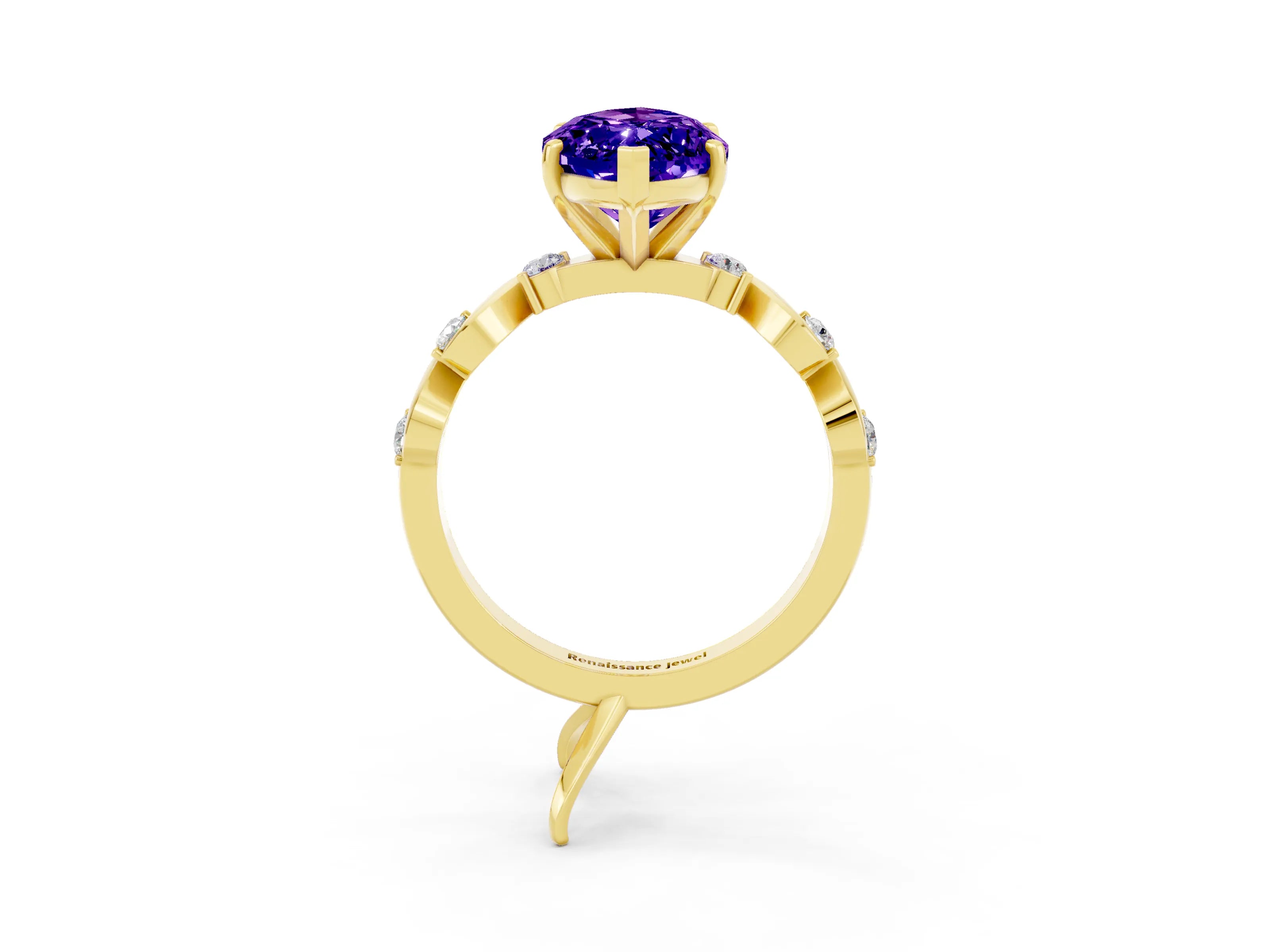 Yellow gold Marquise Cut Tanzanite Solitaire Twisted Band with Round  Accents and Prong Setting_15