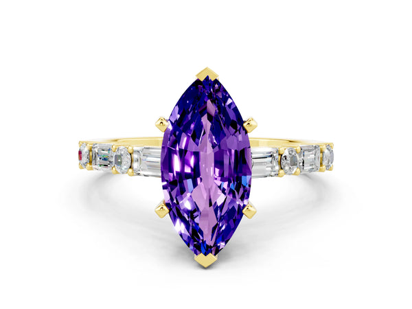 Yellow gold Marquise Cut Tanzanite Solitaire with Side Baguettes and Channel Set Band