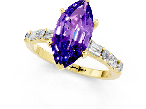Yellow gold Marquise Cut Tanzanite Solitaire with Side Baguettes and Channel Set Band_1