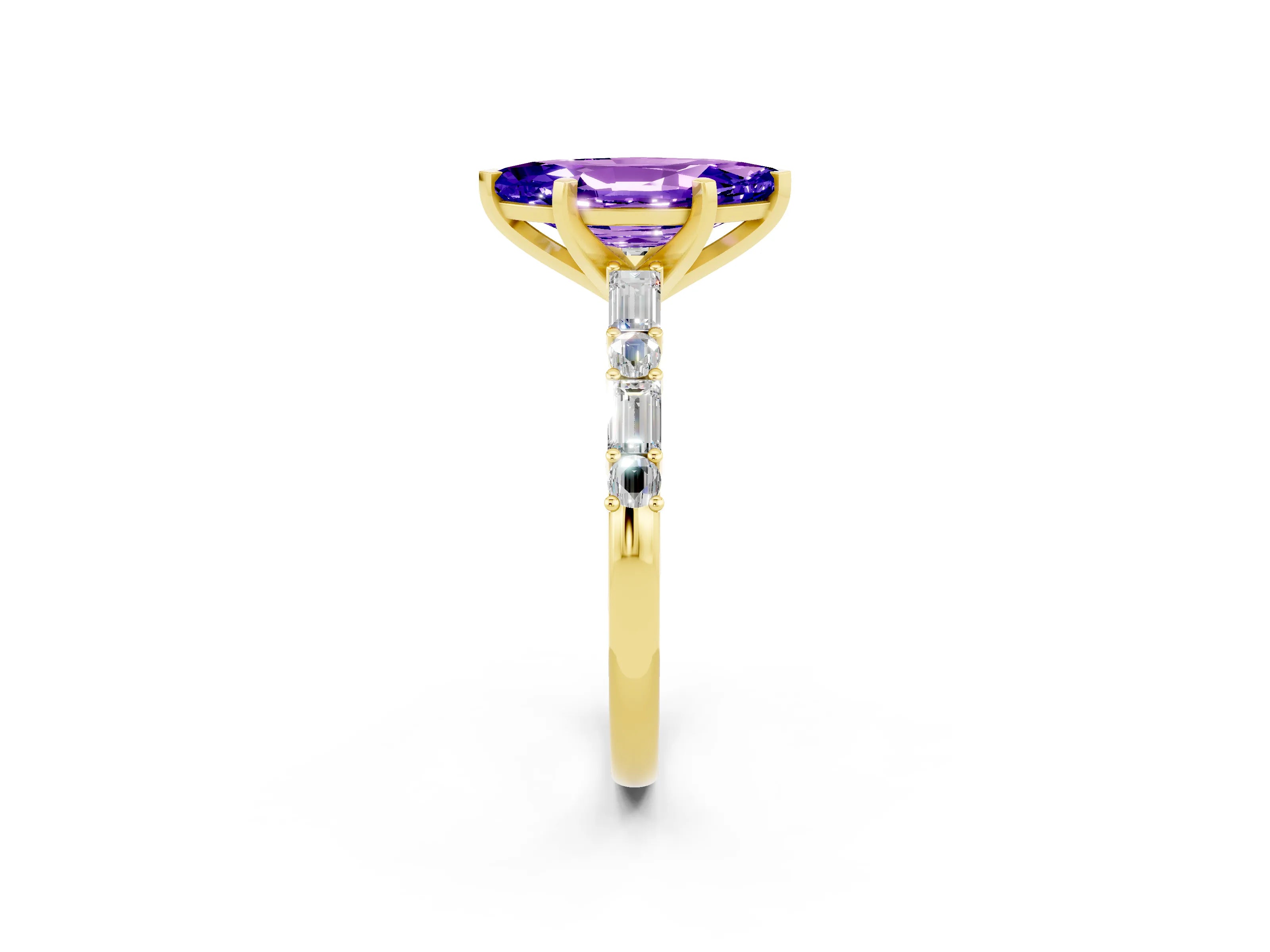 Yellow gold Marquise Cut Tanzanite Solitaire with Side Baguettes and Channel Set Band_2