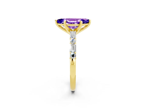 Yellow gold Marquise Cut Tanzanite Solitaire with Side Baguettes and Channel Set Band_2