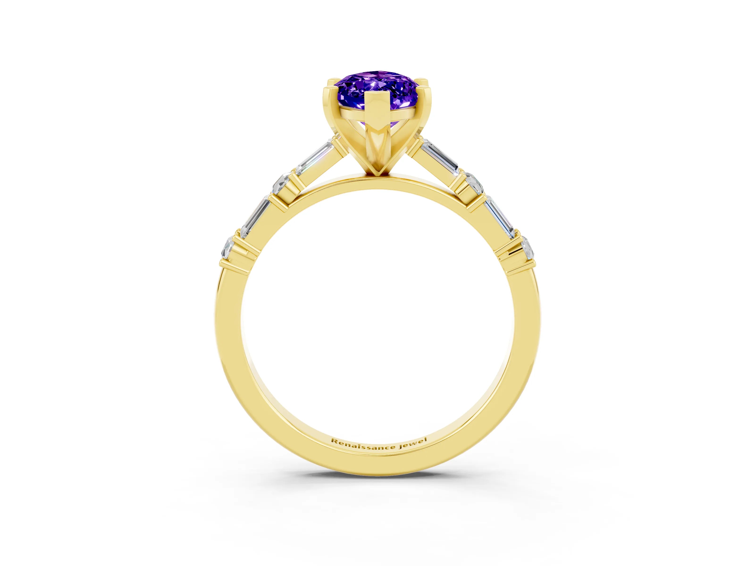 Yellow gold Marquise Cut Tanzanite Solitaire with Side Baguettes and Channel Set Band_3