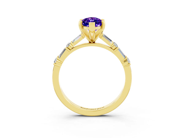 Yellow gold Marquise Cut Tanzanite Solitaire with Side Baguettes and Channel Set Band