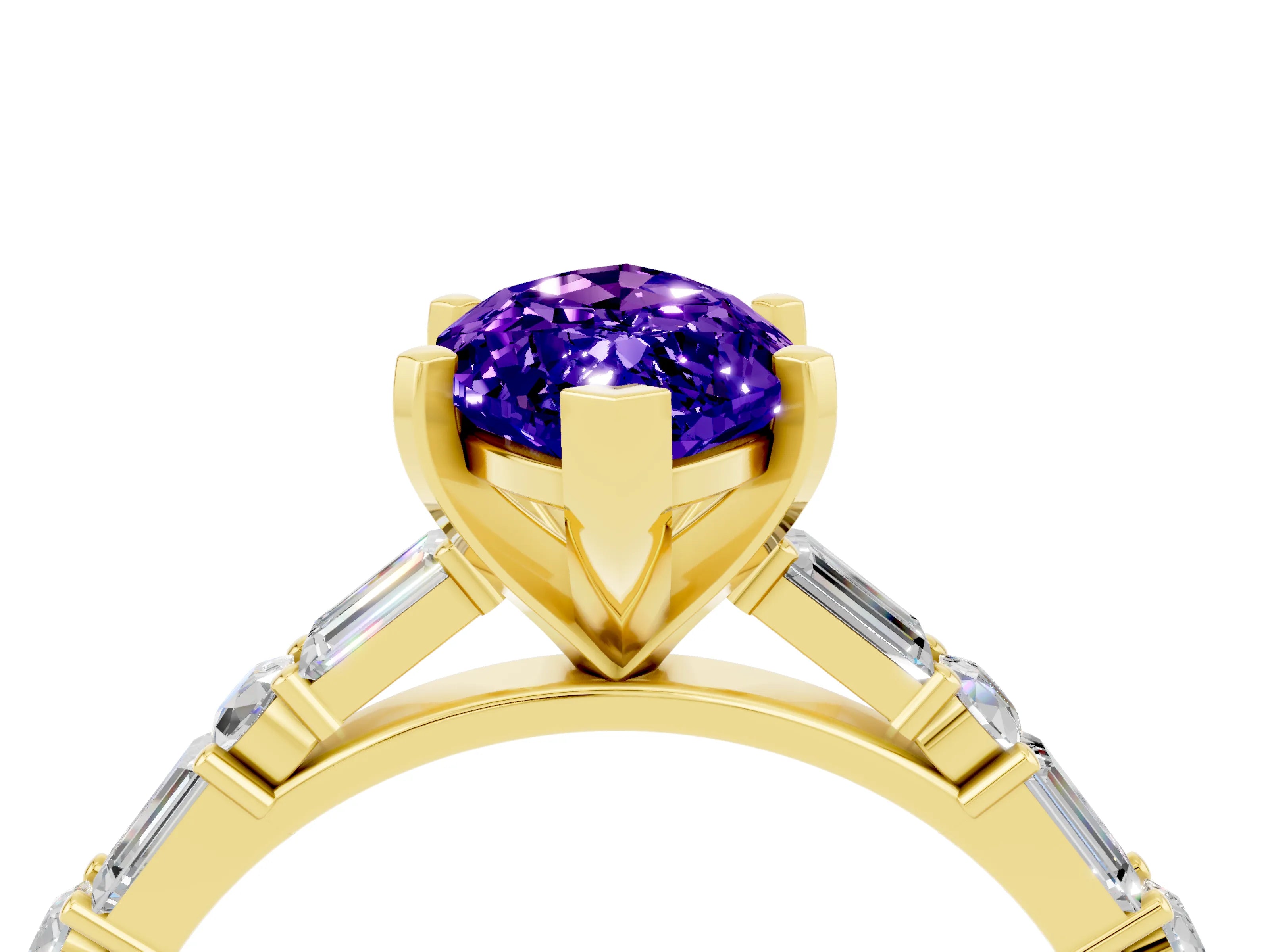 Yellow gold Marquise Cut Tanzanite Solitaire with Side Baguettes and Channel Set Band_4