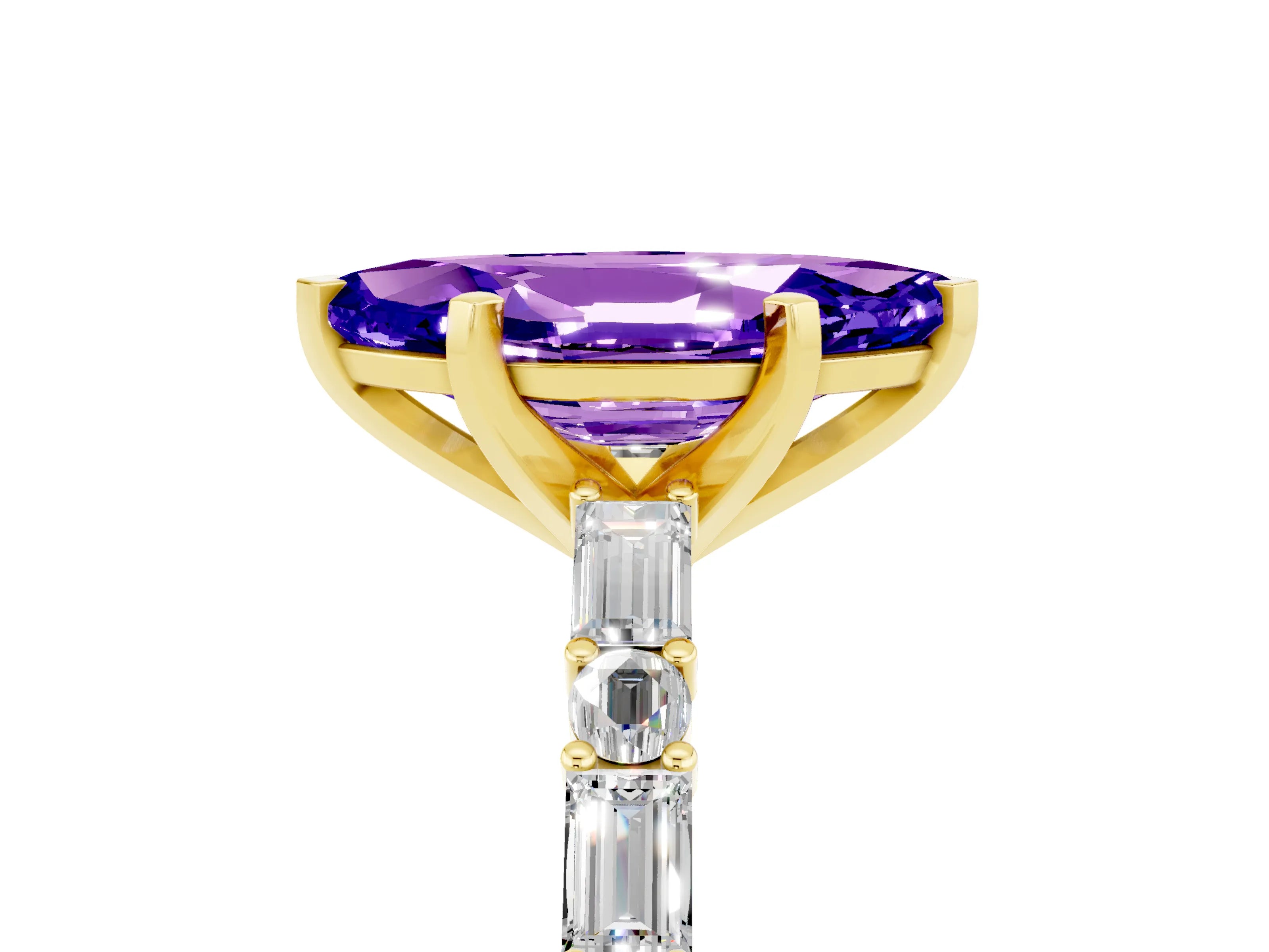 Yellow gold Marquise Cut Tanzanite Solitaire with Side Baguettes and Channel Set Band_5
