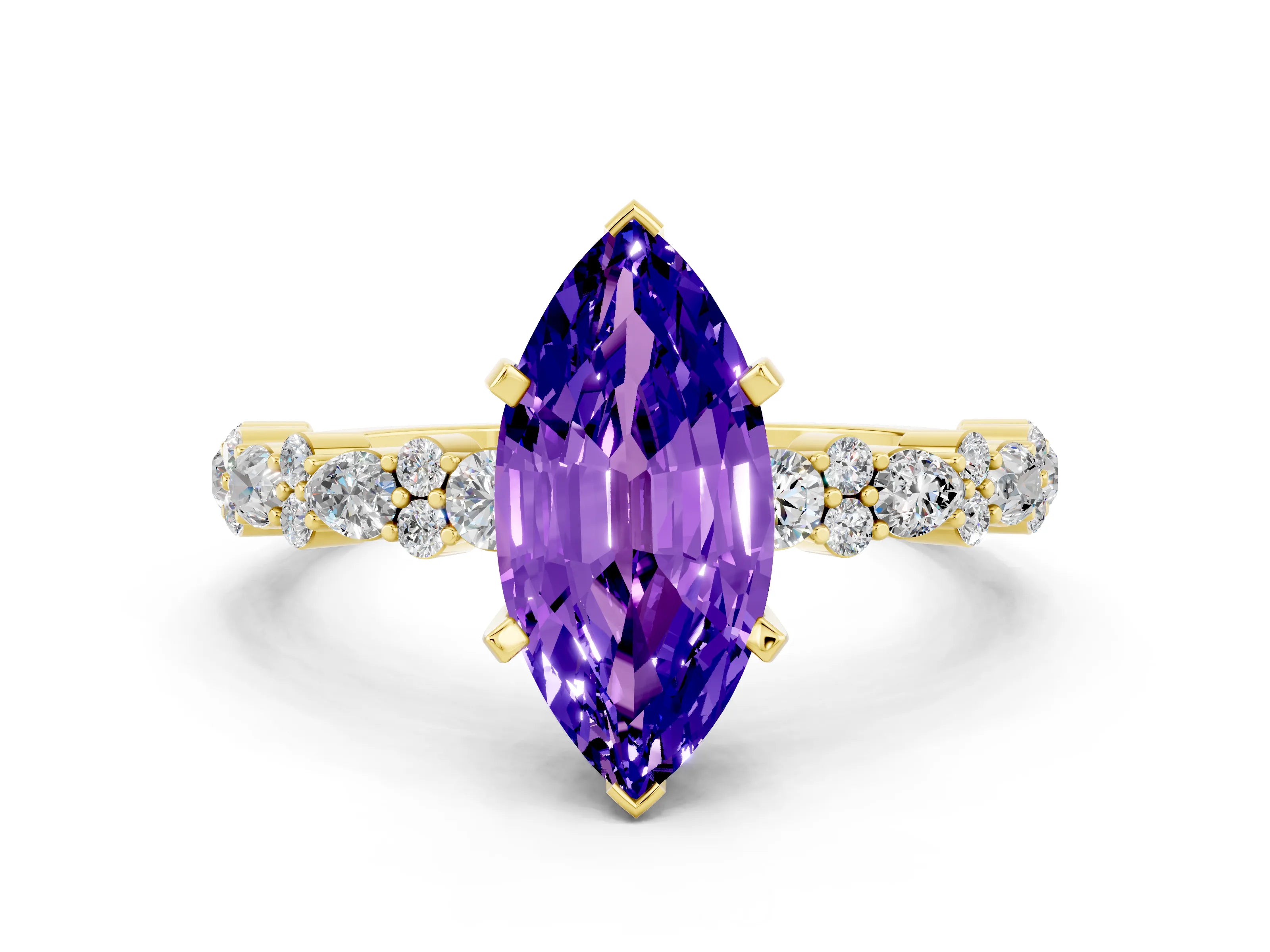 Yellow gold Marquise Cut Tanzanite Solitaire with Side Stones, Pave Band, Four-Prong Setting_36