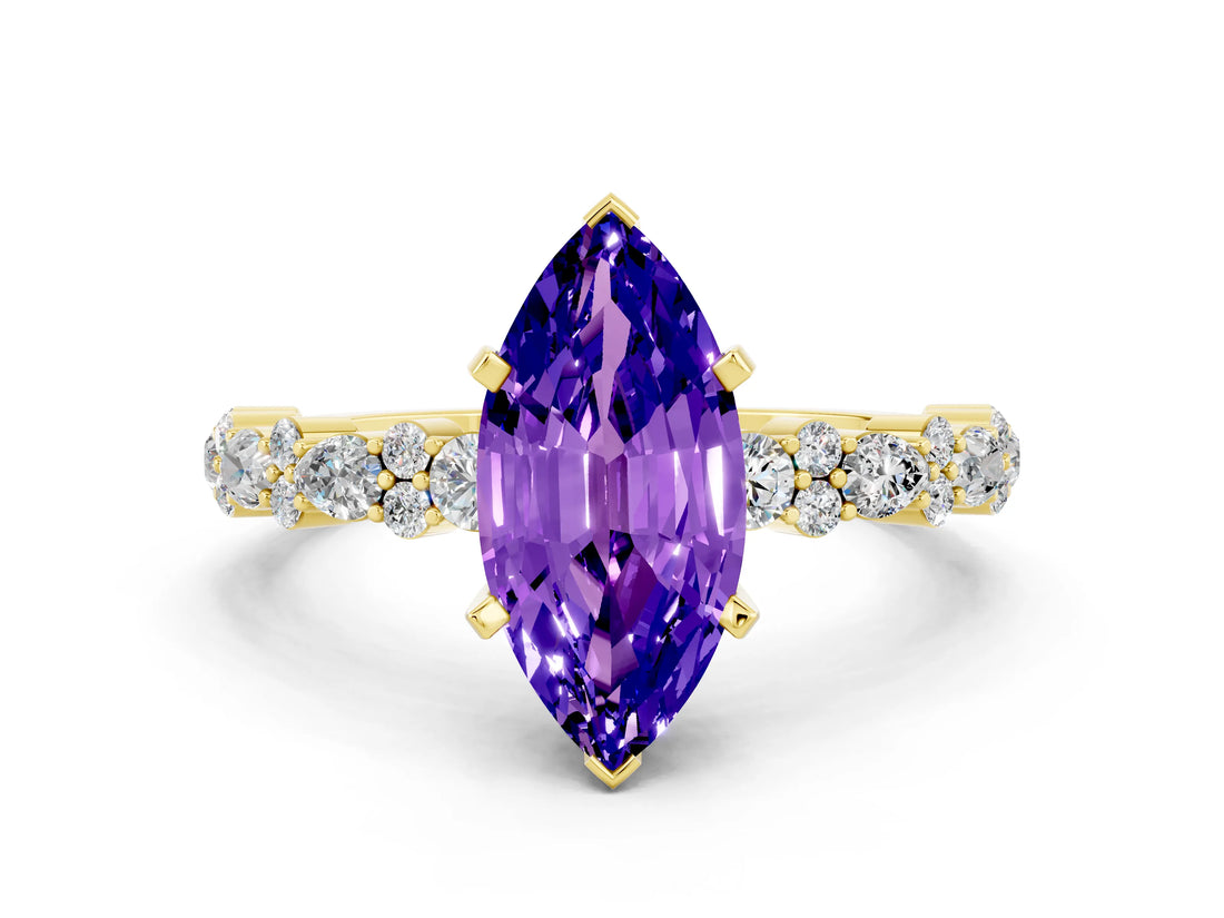 Yellow gold Marquise Cut Tanzanite Solitaire with Side Stones, Pave Band, Four-Prong Setting_36