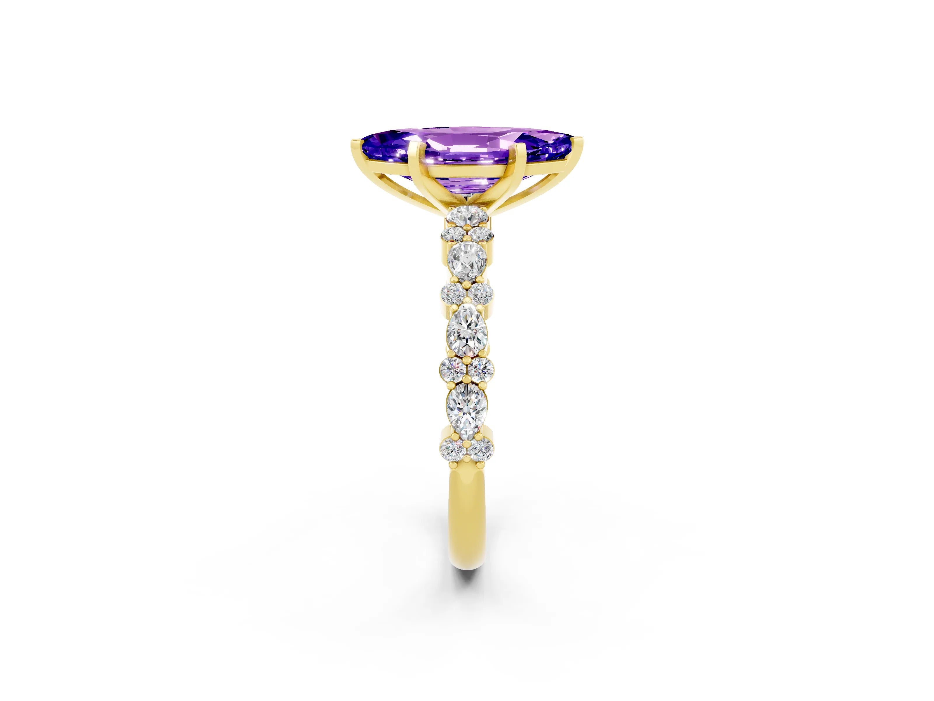 Yellow gold Marquise Cut Tanzanite Solitaire with Side Stones, Pave Band, Four-Prong Setting_38