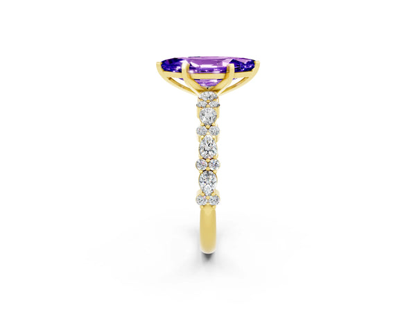 Yellow gold Marquise Cut Tanzanite Side Stone Solitaire Ring with Round  and Four-Prong Setting