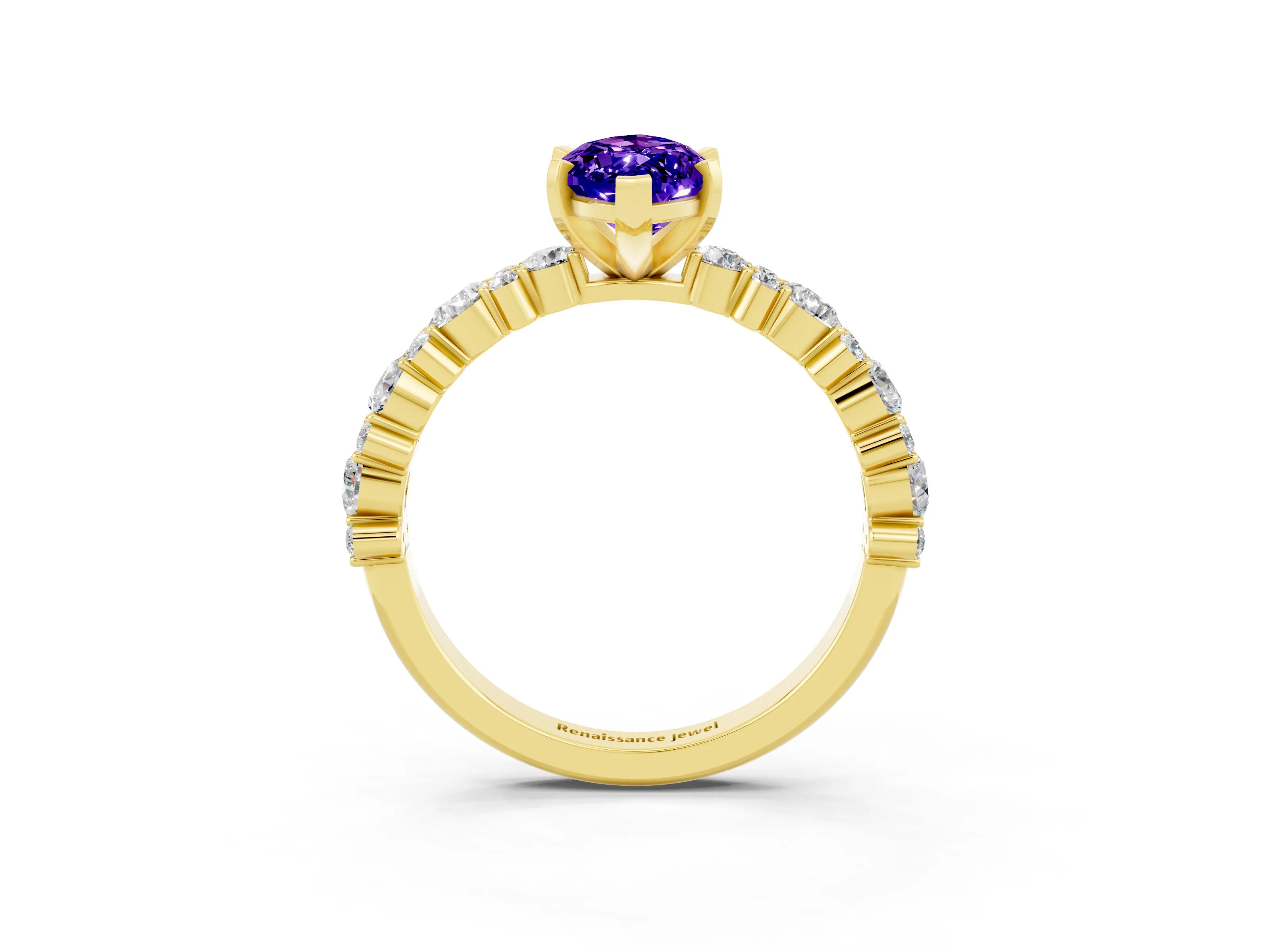 Yellow gold Marquise Cut Tanzanite Solitaire with Side Stones, Pave Band, Four-Prong Setting_39
