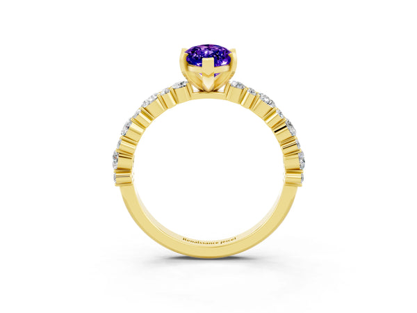 Yellow gold Marquise Cut Tanzanite Side Stone Solitaire Ring with Round  and Four-Prong Setting