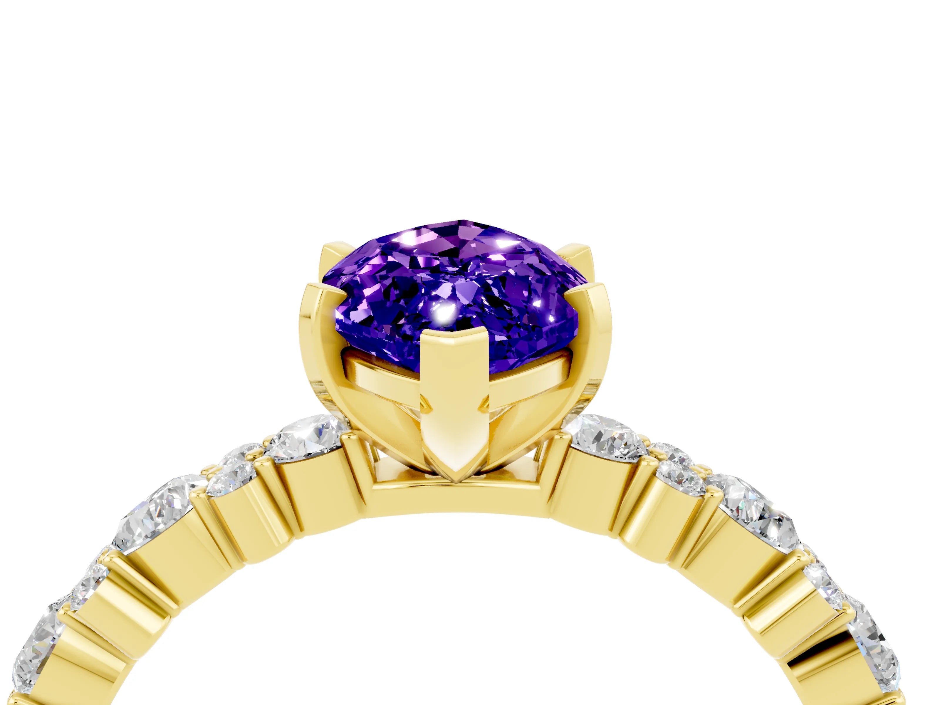 Yellow gold Marquise Cut Tanzanite Solitaire with Side Stones, Pave Band, Four-Prong Setting_40