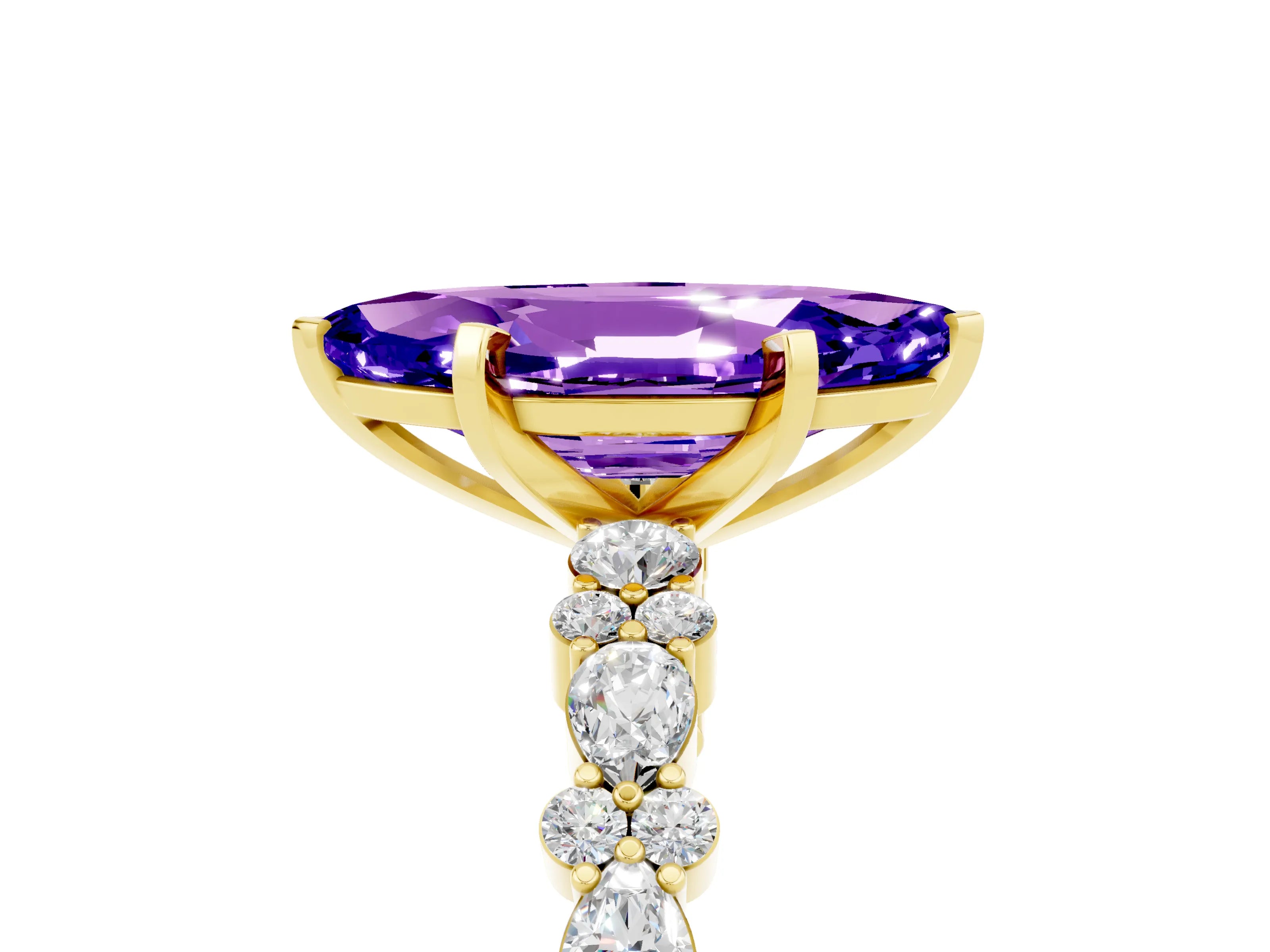 Yellow gold Marquise Cut Tanzanite Solitaire with Side Stones, Pave Band, Four-Prong Setting_41
