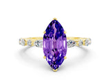Yellow gold Marquise Cut Tanzanite Solitaire with Side Stones on a Pavé Band and Four-Prong Setting