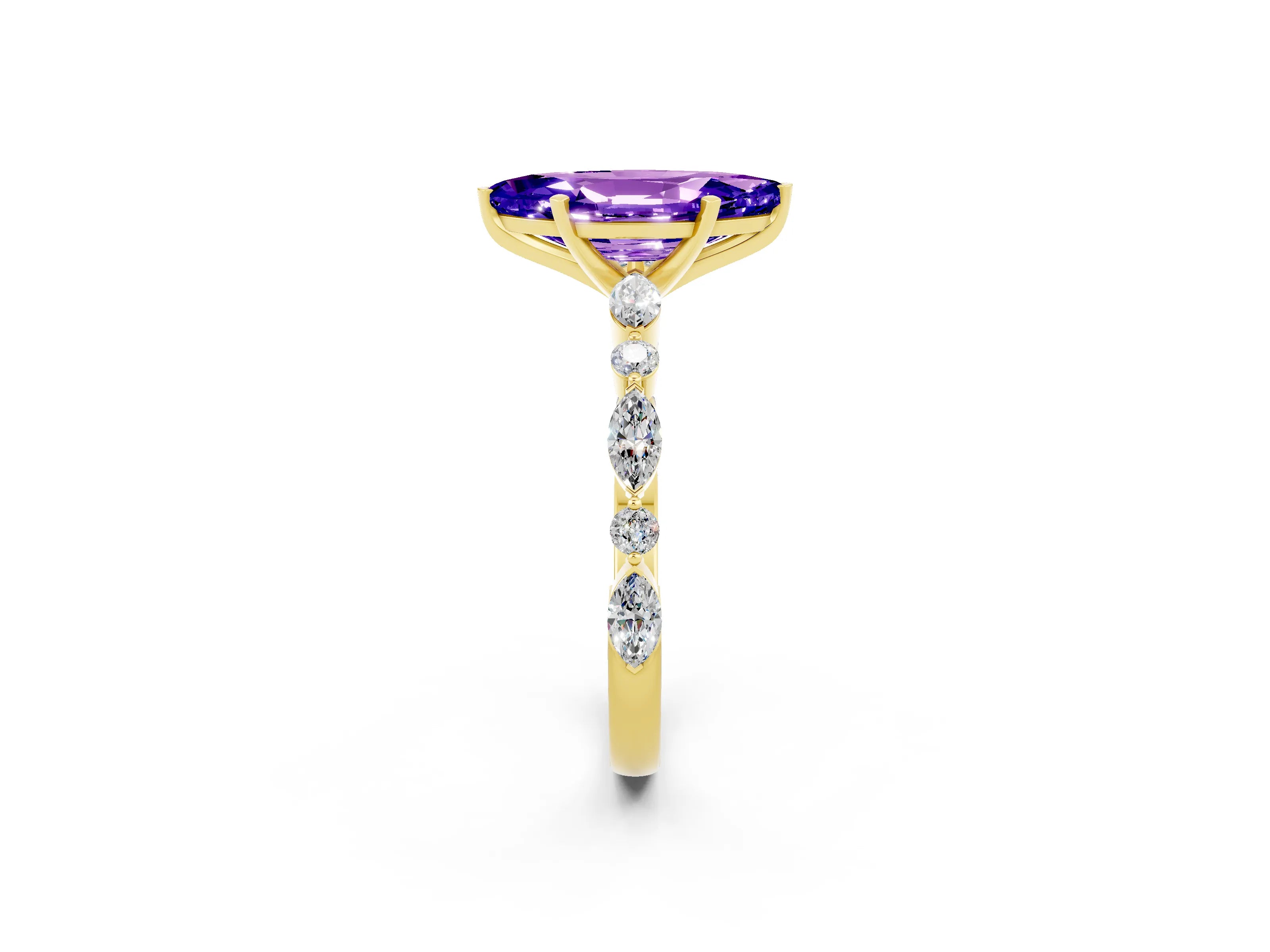Yellow gold Marquise Cut Tanzanite Solitaire with Side Stones on a Pavé Band and Four-Prong Setting_2