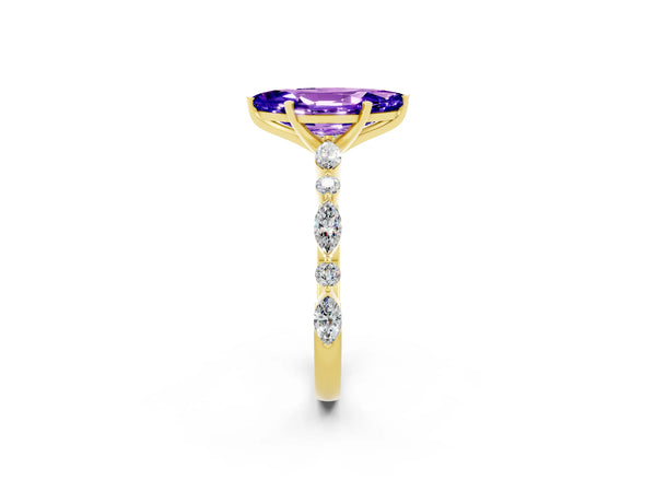 Yellow gold Marquise Cut Tanzanite Ring with Marquise and Round  Side Stones and Four-Prong Setting