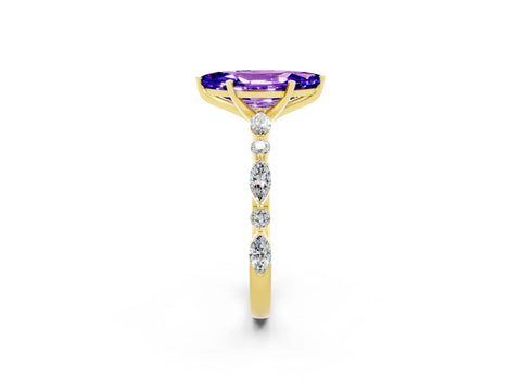 Yellow gold Marquise Cut Tanzanite Solitaire with Side Stones on a Pavé Band and Four-Prong Setting_2