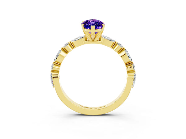 Yellow gold Marquise Cut Tanzanite Ring with Marquise and Round  Side Stones and Four-Prong Setting
