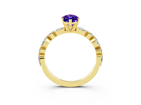 Yellow gold Marquise Cut Tanzanite Solitaire with Side Stones on a Pavé Band and Four-Prong Setting_3