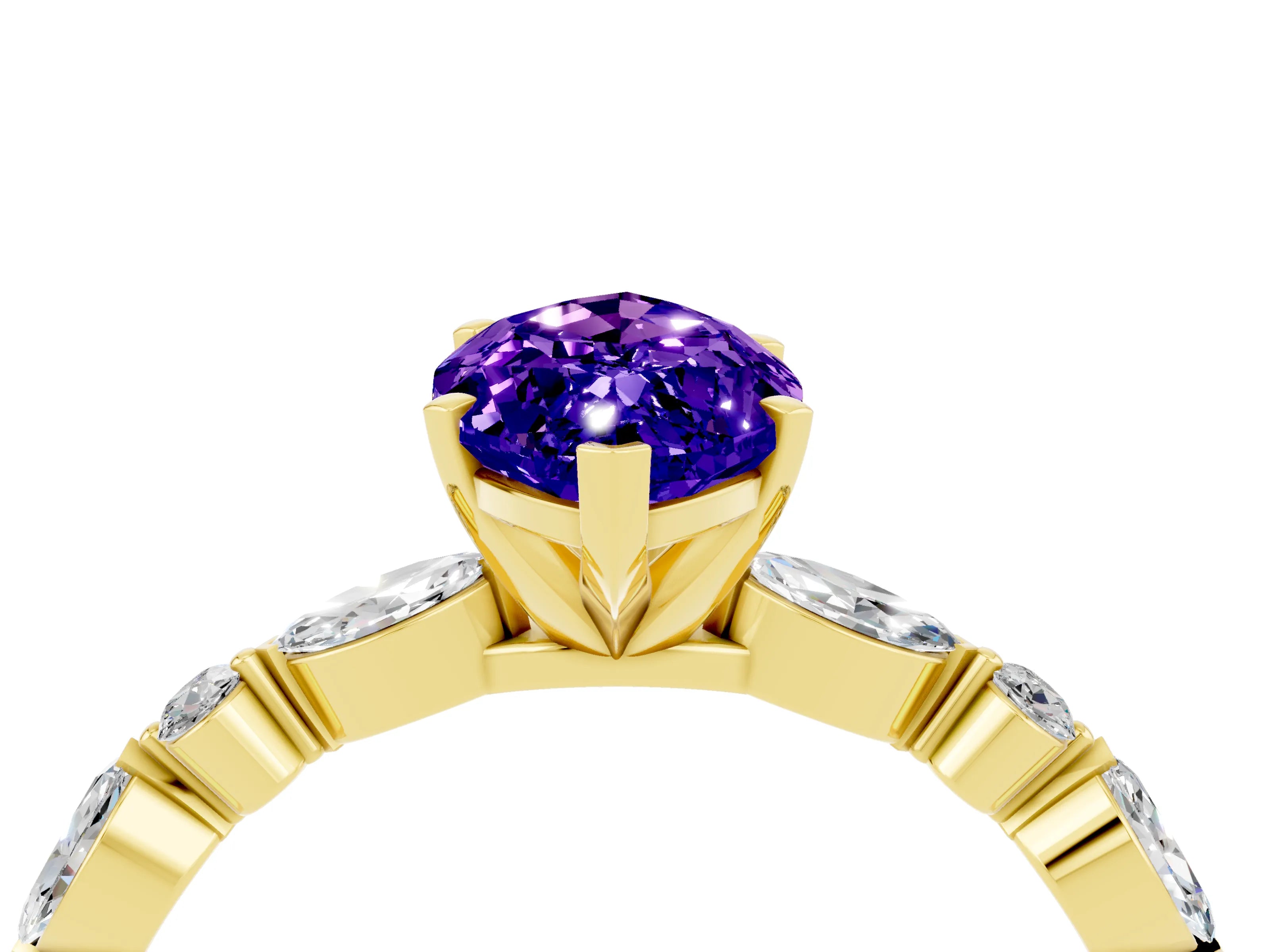 Yellow gold Marquise Cut Tanzanite Solitaire with Side Stones on a Pavé Band and Four-Prong Setting_4