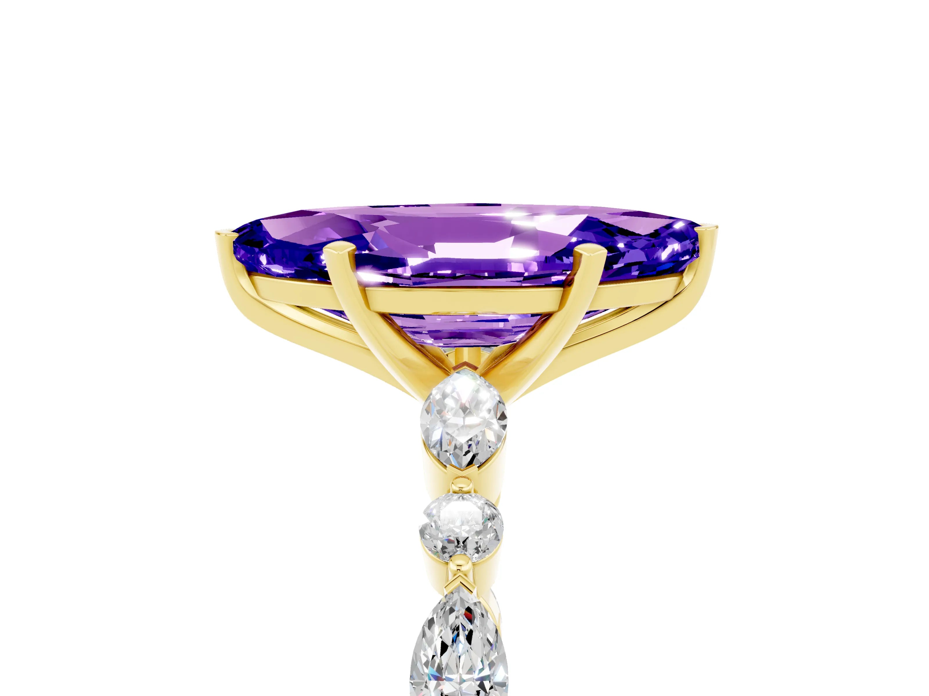 Yellow gold Marquise Cut Tanzanite Solitaire with Side Stones on a Pavé Band and Four-Prong Setting_5