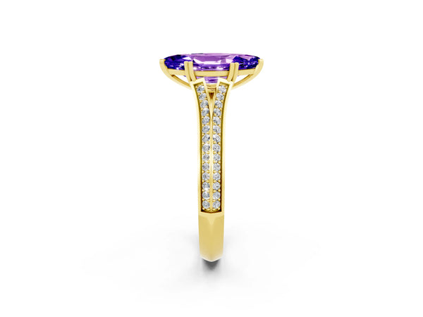 Yellow gold Marquise Cut Tanzanite Split Shank Engagement Ring with Pavé Band