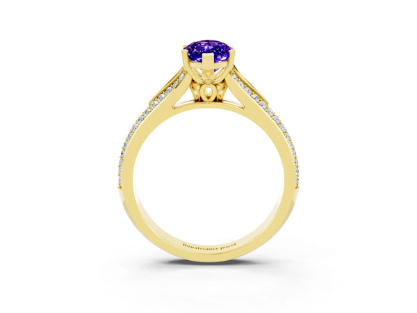 Yellow gold Marquise Cut Tanzanite Split Shank Engagement Ring with Pavé Band