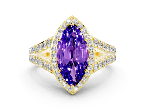 Yellow gold Marquise Cut Tanzanite Split Shank Halo Ring with Four-Prong Setting_12