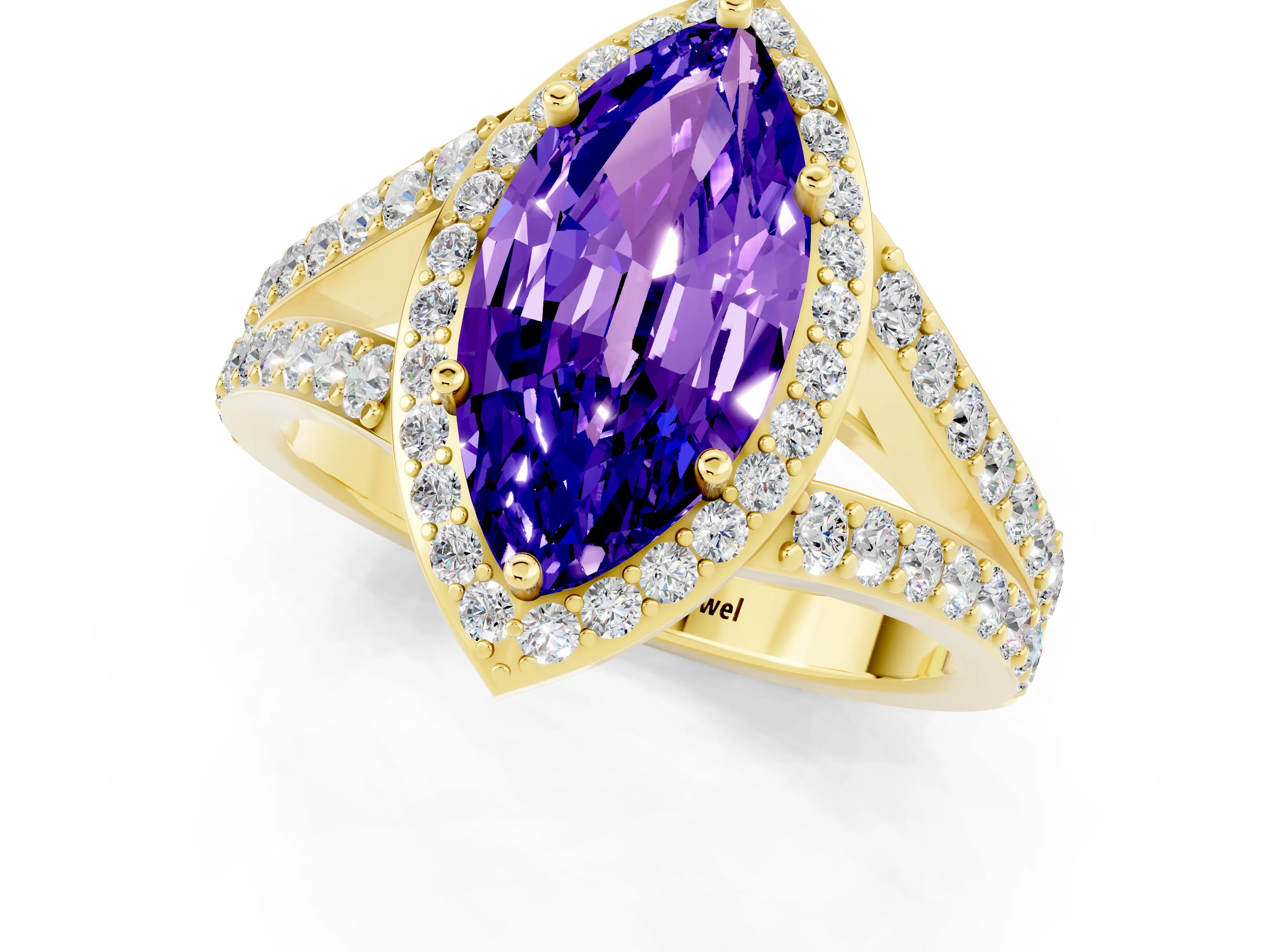 Yellow gold Marquise Cut Tanzanite Split Shank Halo Ring with Four-Prong Setting_13