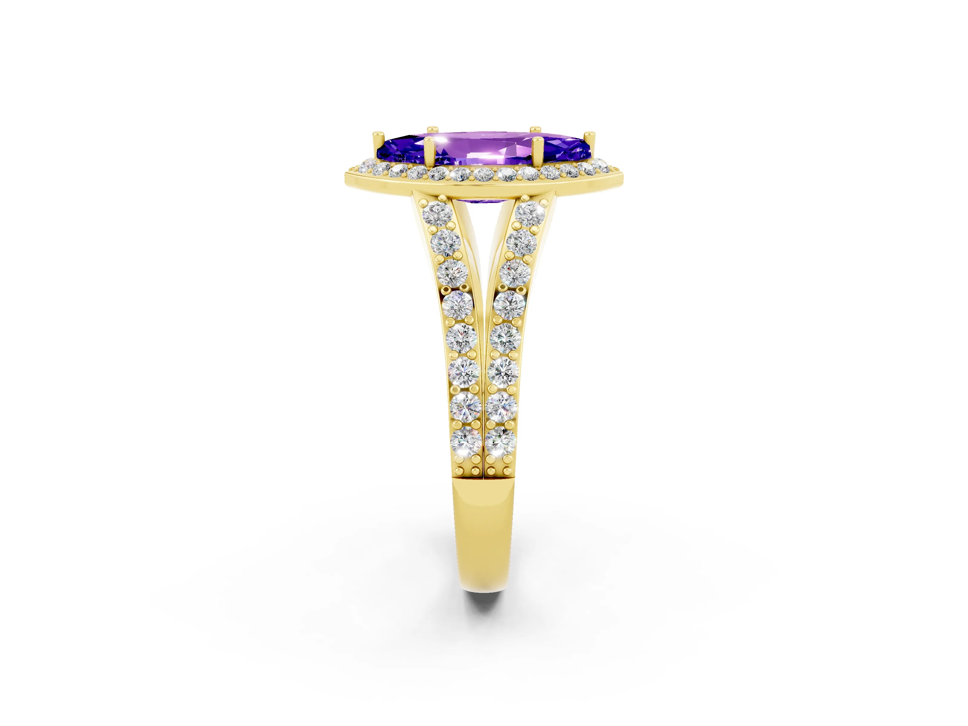Yellow gold Marquise Cut Tanzanite Split Shank Halo Ring with Four-Prong Setting_14