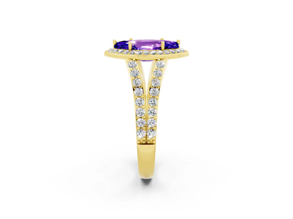 Yellow gold Marquise Cut Tanzanite Split Shank Halo Ring with Four-Prong Setting