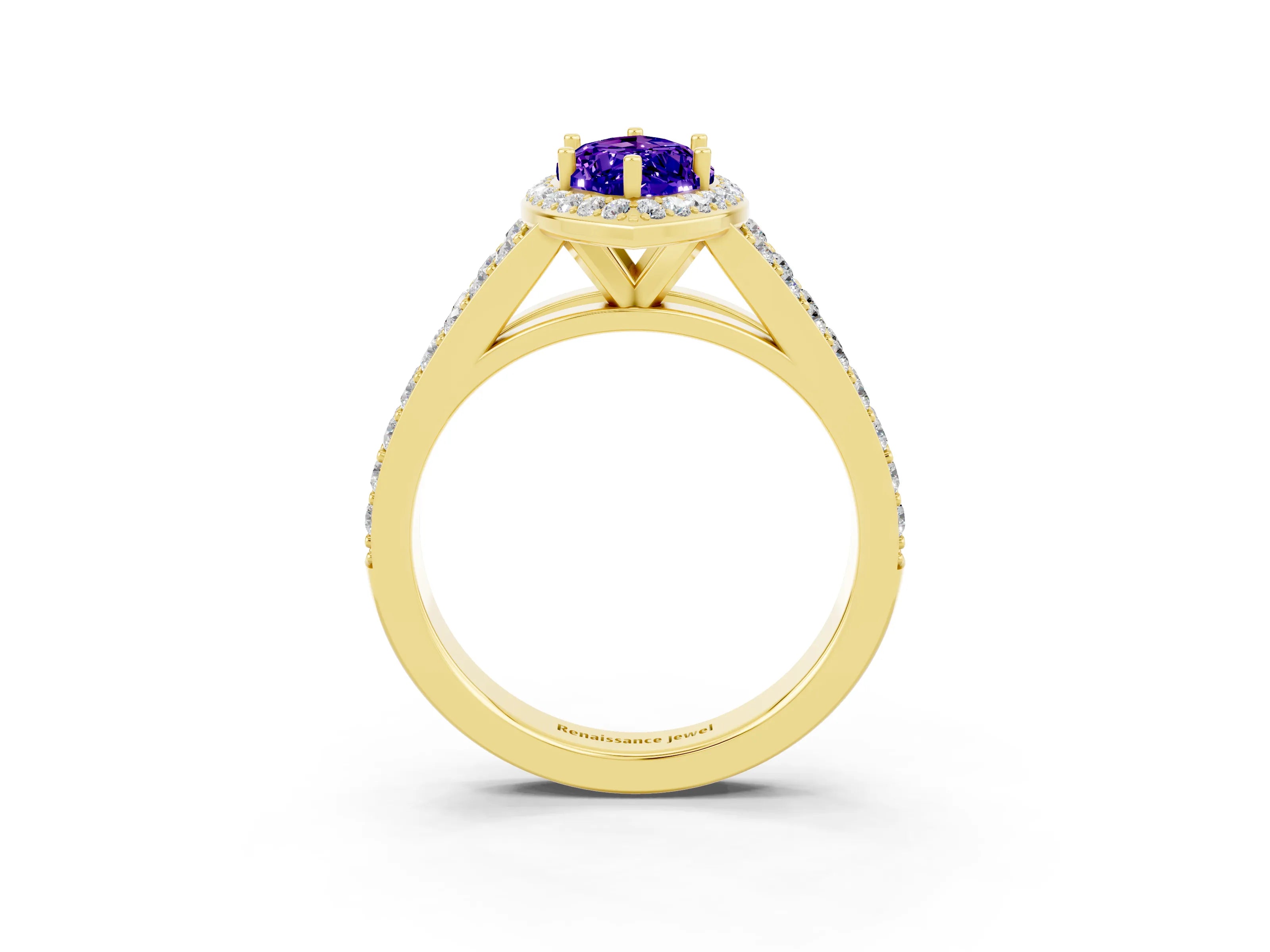 Yellow gold Marquise Cut Tanzanite Split Shank Halo Ring with Four-Prong Setting_15