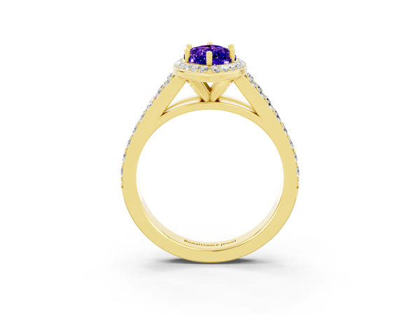 Yellow gold Marquise Cut Tanzanite Split Shank Halo Ring with Four-Prong Setting