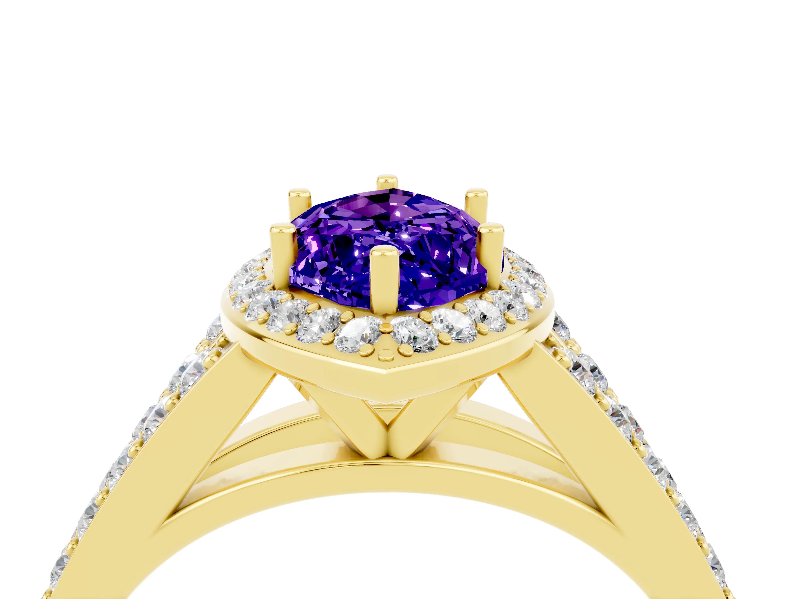 Yellow gold Marquise Cut Tanzanite Split Shank Halo Ring with Four-Prong Setting_16