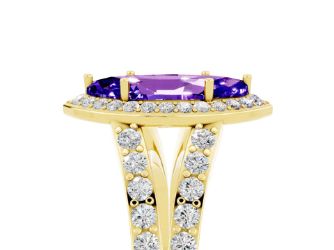 Yellow gold Marquise Cut Tanzanite Split Shank Halo Ring with Four-Prong Setting_17