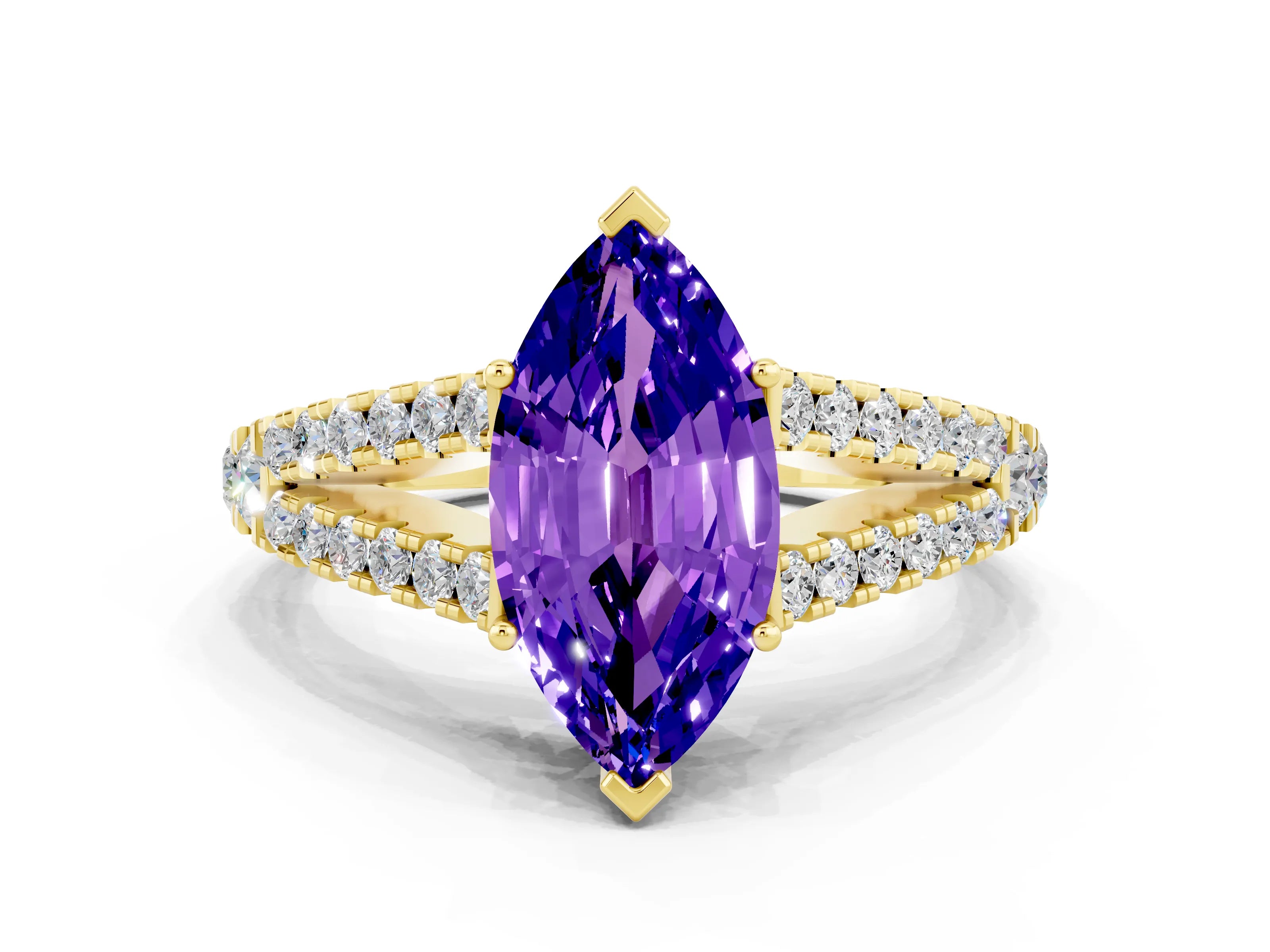 Yellow gold Marquise Cut Tanzanite Split Shank Pavé Engagement Ring with Four-Prong Setting_12