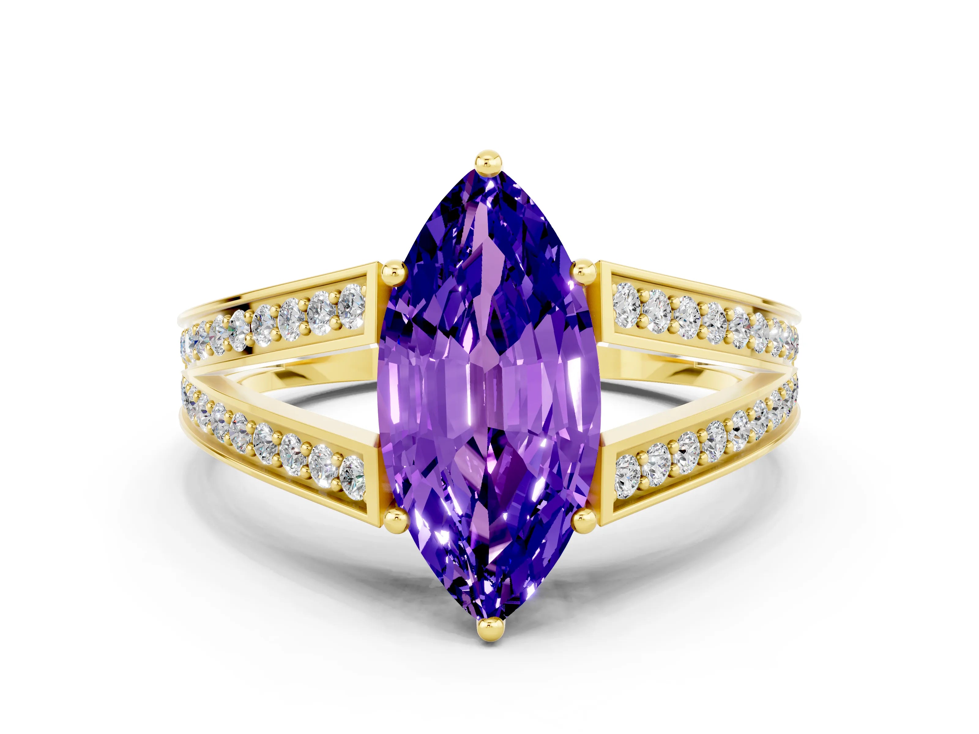 Yellow gold Marquise Cut Tanzanite Split Shank Ring with Pavé Band and Four-Prong Setting
