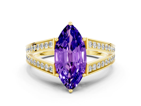 Yellow gold Marquise Cut Tanzanite Split Shank Ring with Pavé Band and Four-Prong Setting