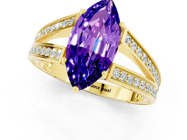 Yellow gold Marquise Cut Tanzanite Split Shank Ring with Pavé Band and Four-Prong Setting