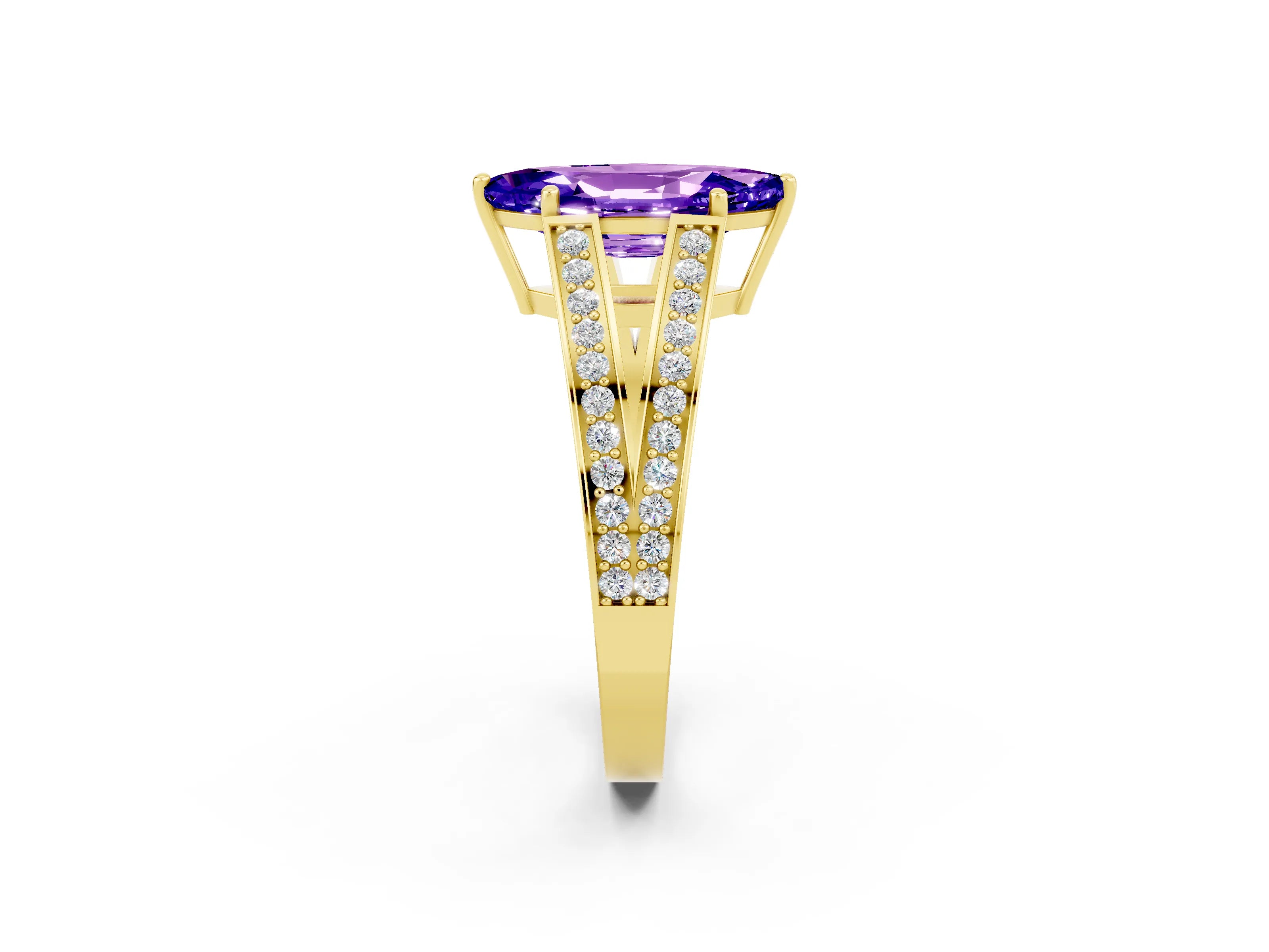 Yellow gold Marquise Cut Tanzanite Split Shank Ring with Pavé Band and Four-Prong Setting_2
