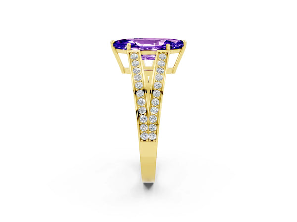 Yellow gold Marquise Cut Tanzanite Split Shank Ring with Pavé Band and Four-Prong Setting