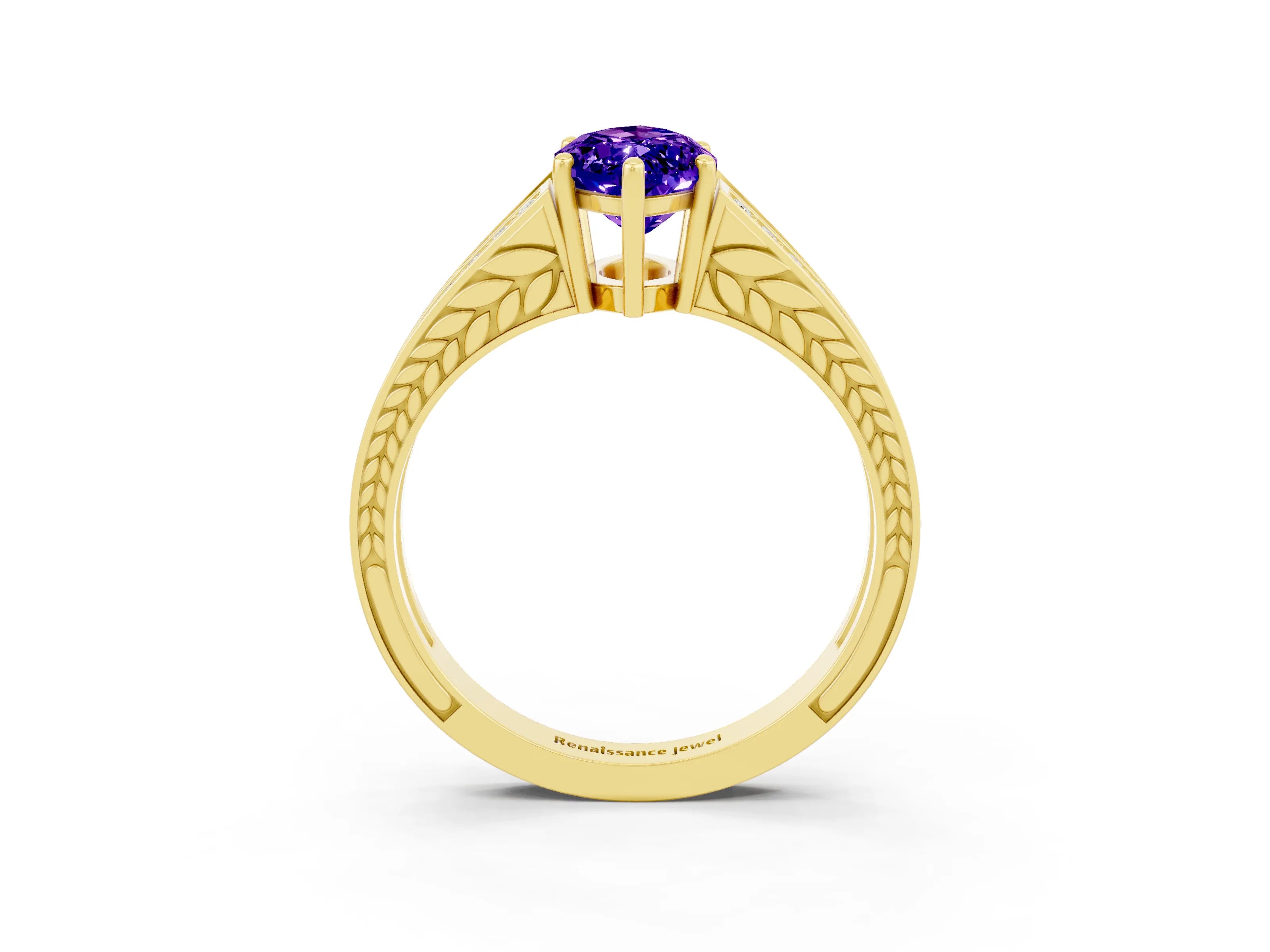 Yellow gold Marquise Cut Tanzanite Split Shank Ring with Pavé Band and Four-Prong Setting_3