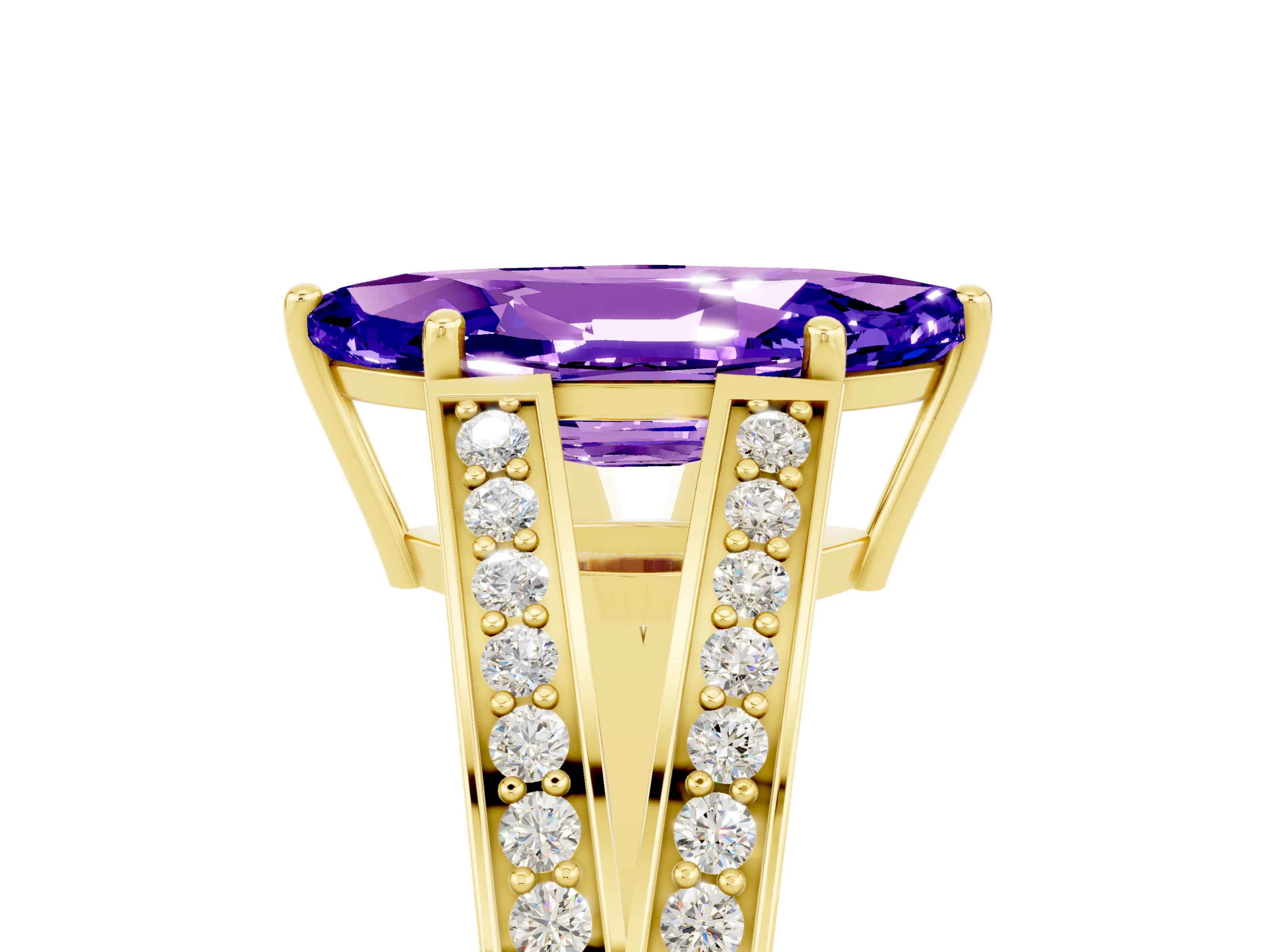Yellow gold Marquise Cut Tanzanite Split Shank Ring with Pavé Band and Four-Prong Setting_5
