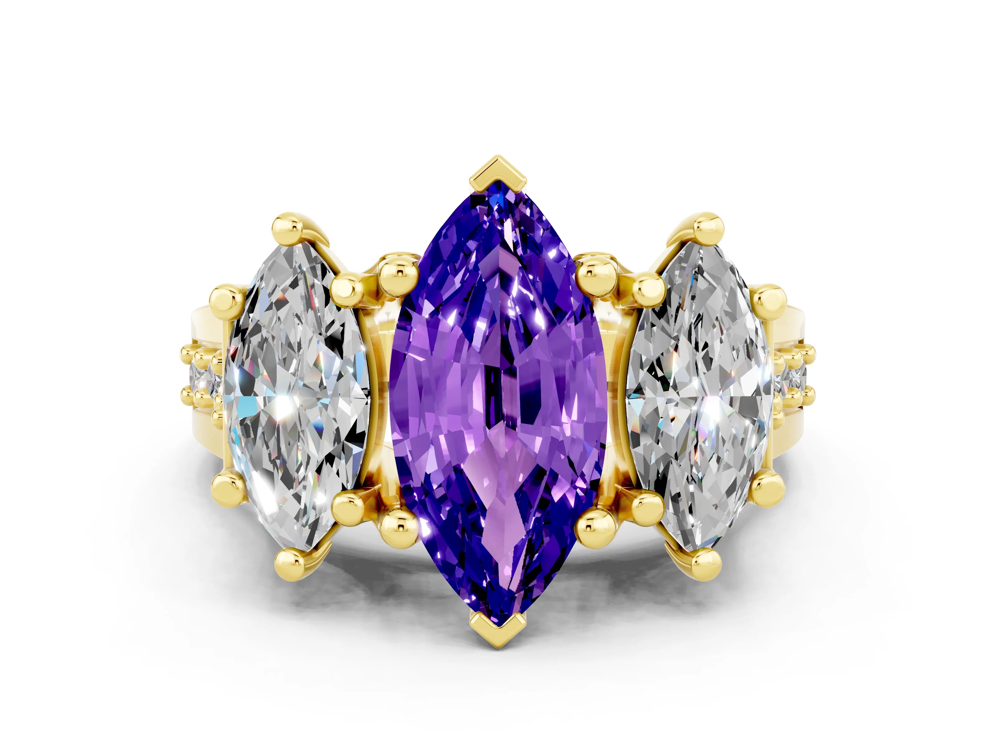 Yellow gold Marquise Cut Tanzanite Three-Stone Ring with Channel Set Band and Four-Prong Setting
